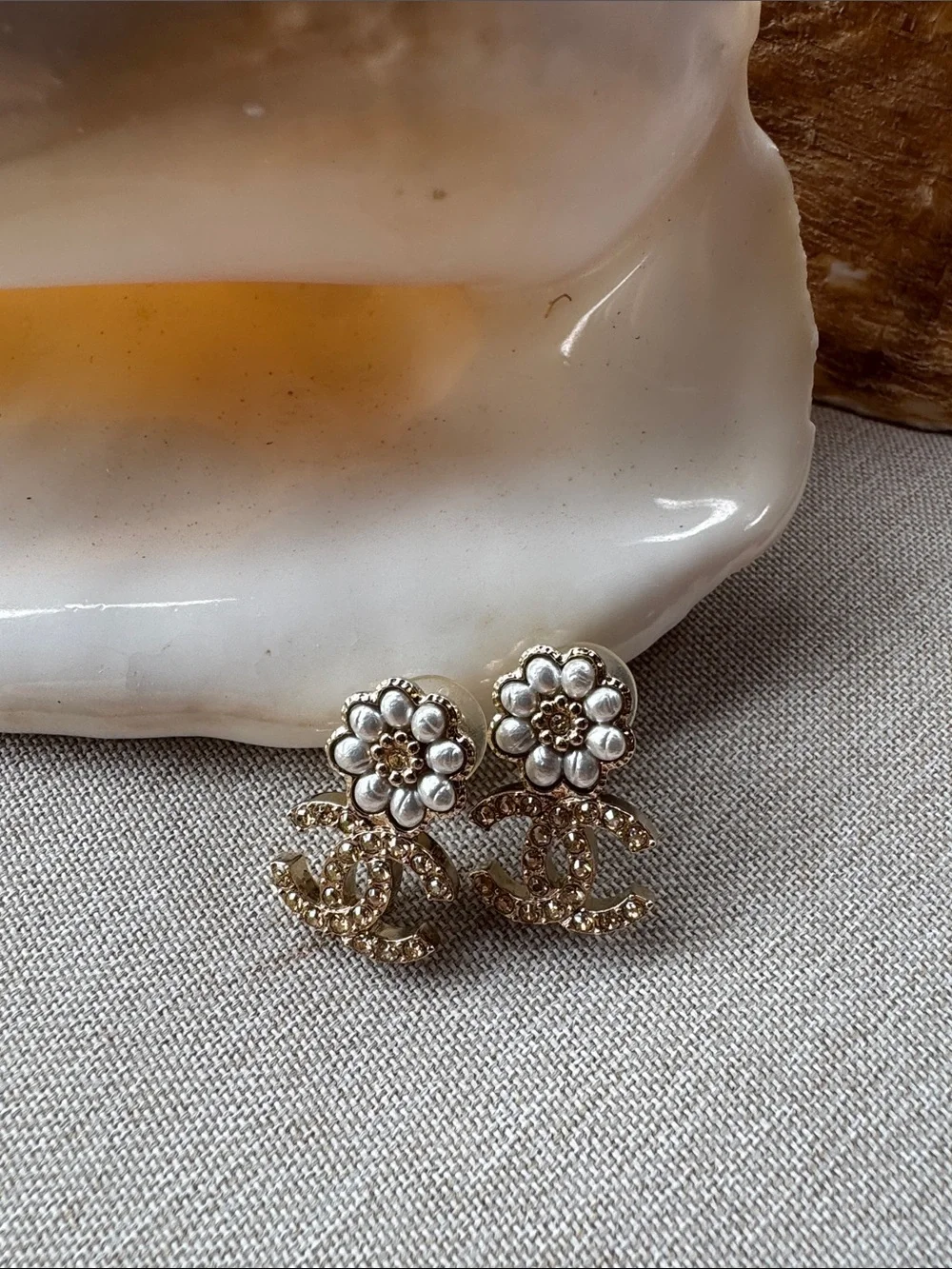 CHANEL Gold and White Camellia CC Crystal Clips Earrings